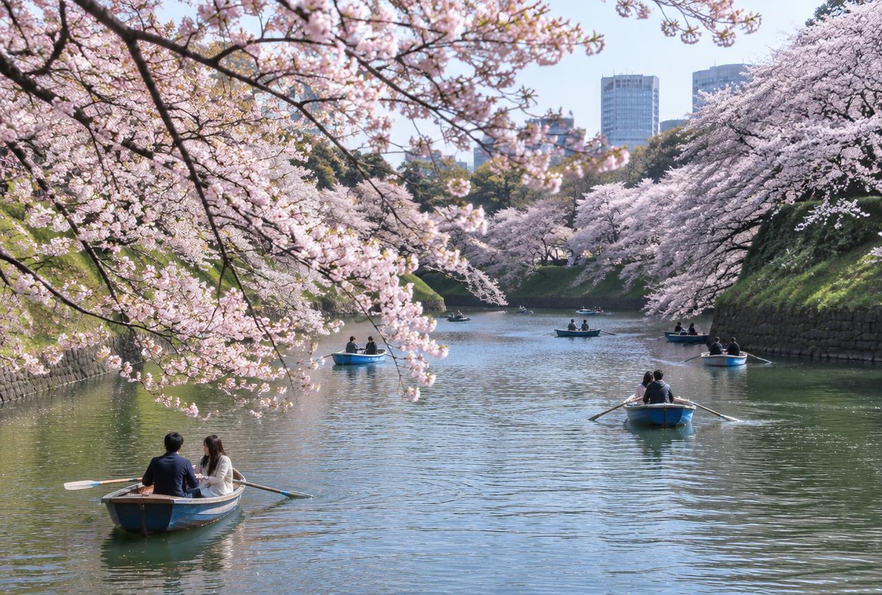 Rowboats under cherry blossoms on a Tokyo moat