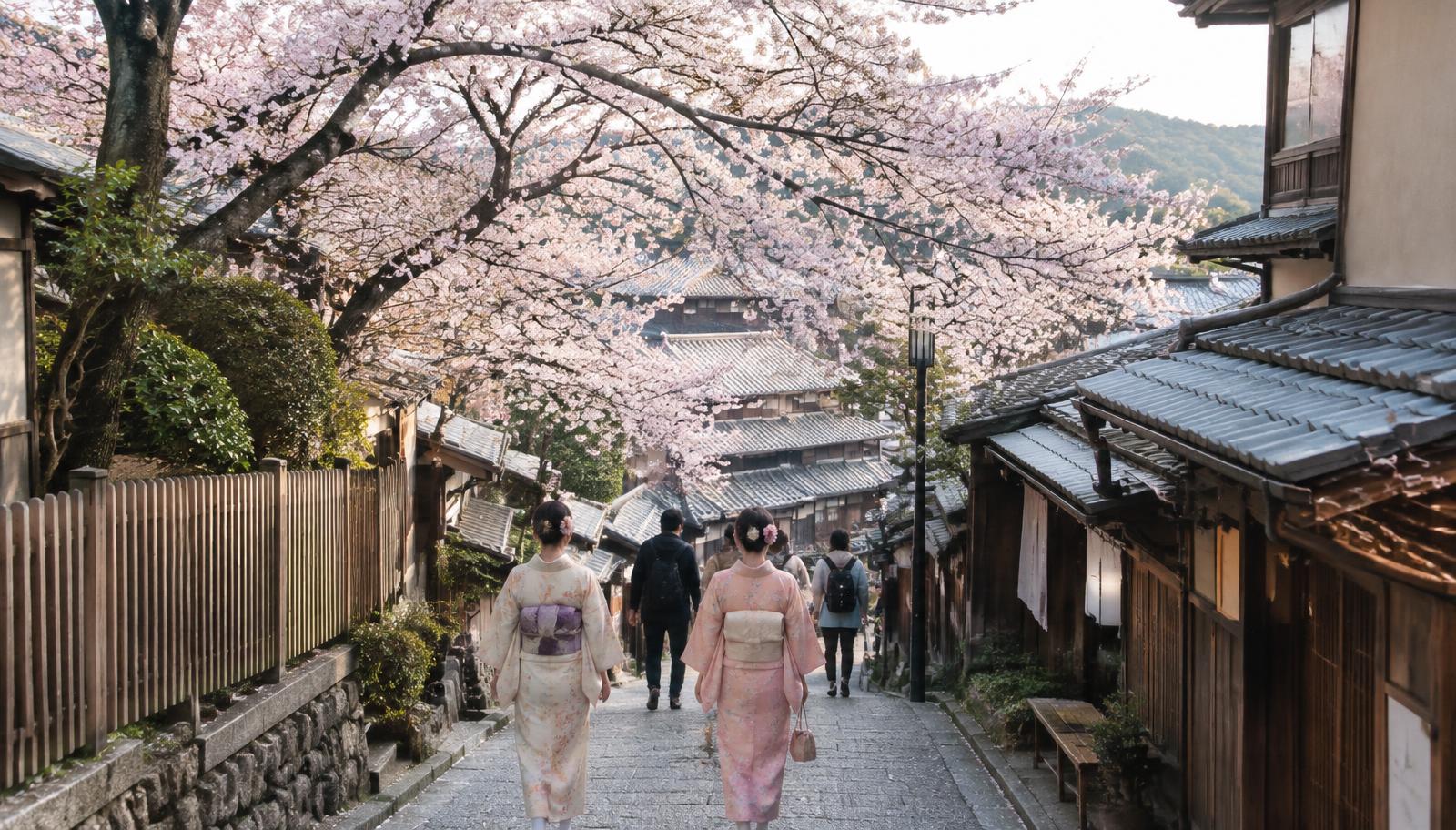 Visitors in kimono walking a cherry blossom lined street in Kyoto