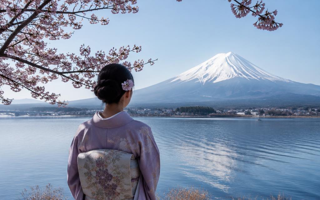 Kimono by Lake Kawaguchiko with Mt Fuji behind