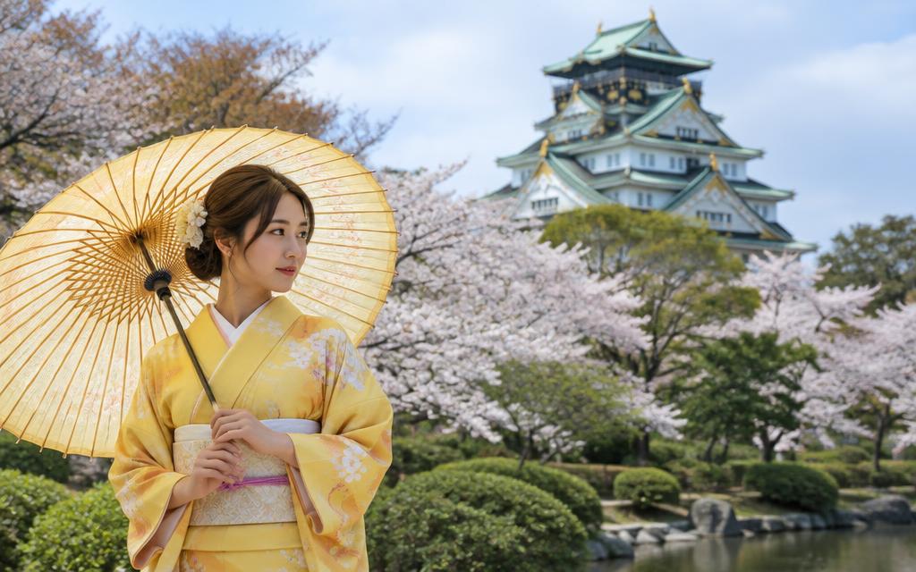 Visitors in kimono near Osaka Castle